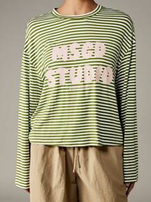 MISSGUIDED Camiseta de manga larga con estampado gráfico oversize, diseño de rayas de estilo casual de calle, moda de otoño, invierno y primavera con texto clásico impreso - Verde - Ver 4