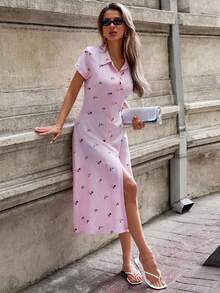 EURMUSE Váy sơ mi vải thêu hoa thanh lịch cho nữ - Hồng - Xem 3