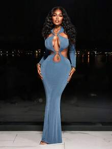 BamGleam 女士优雅性感镂空长袖连衣裙