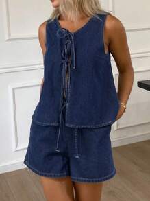 DAZY Women's Summer Round Neck Tie Front Sleeveless Top And Loose Casual Denim Shorts Set - Navy Blue - View 4