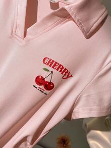青少年女孩休闲樱桃印花褶皱 T 恤，夏季 - 淺粉色 - 查看 4