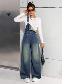 SHEIN 少女宽松蓝色带口袋牛仔背带裤 - 深色水洗藍 - 查看 6