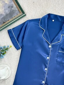 SHEIN 两件套仿丝镶边领睡衣套装 - 藏蓝色 - 查看 4