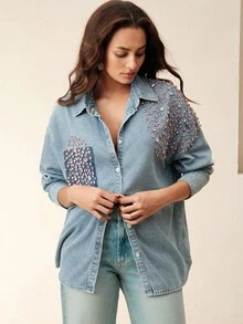 Anewsta 奢华宽松牛仔衬衫 - 藍色 - 查看 6