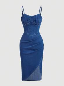 SHEIN MOD Váy denim hở vai hở vai mùa hè cỡ lớn - Màu xanh lam - Xem 1