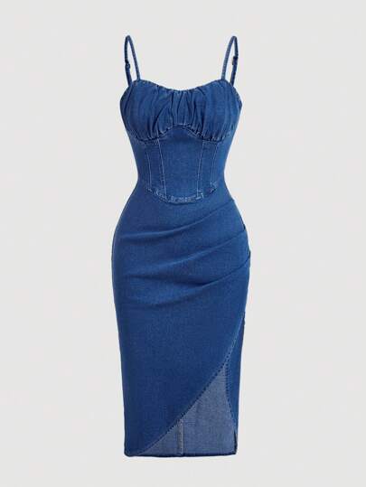 SHEIN MOD 大码夏季休闲开衩吊带牛仔连衣裙