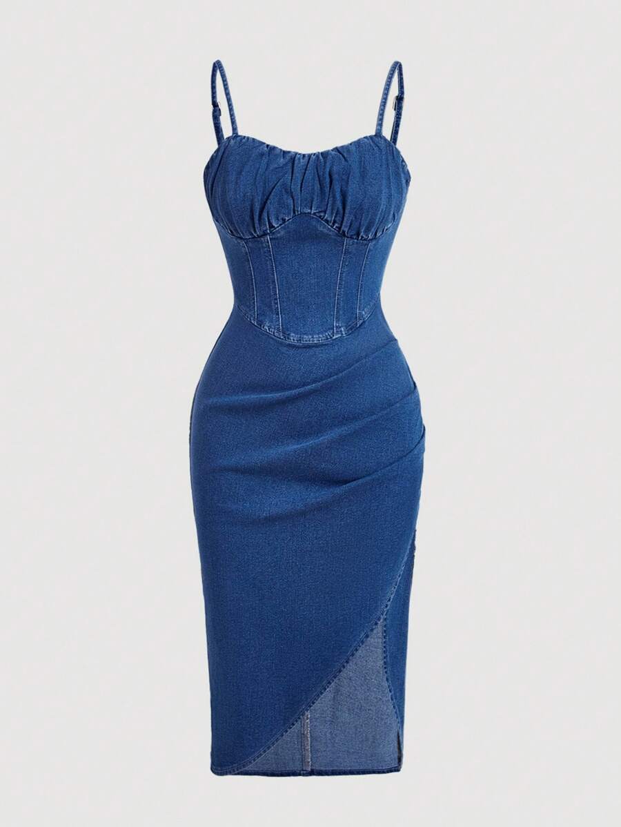 SHEIN MOD Váy denim hở vai hở vai mùa hè cỡ lớn - Màu xanh lam - Xem 1