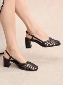 Rosivie Women's Fashion Brown Woven Hollow High Heel Pumps For Christmas - Black - View 8