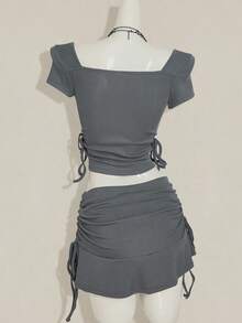 SHEIN ICON 2pcs Fall Going Out Grey Women Solid Color Square Neck Short Sleeve T-Shirt And Drawstring Waist Skirt Casual Set