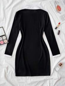 SHEIN Tween-Mädchen Schwarz-weißes, lässiges, personalisiertes Kleid mit Kontrastkragen, gerippten Strickknöpfen und enger Passform, langärmliges Sommerkleid mit Polokragen, Schmetterlingsstickerei - Schwarz und Weiss - Übersicht 2