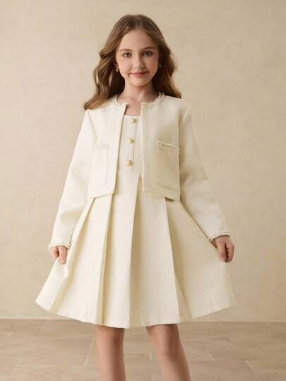Tween Girl Elegant Elegant Mode Adel Rund Hals Långärmad Kort Tweedjacka I Kombinerat Med Rund Hals Ärmlös Kort Klänning Med Hög Midja, Lämplig För Skolan, Examen, Formella Tillfällen, Halloween, Julevenemang På Höst/Vinter