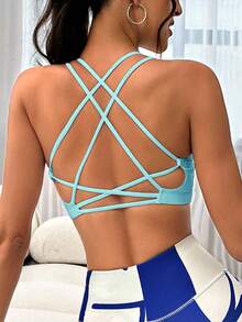 Menodora SHEIN Sport 女士纯色交叉后背日常健身运动文胸 - 淺藍色 - 查看 1
