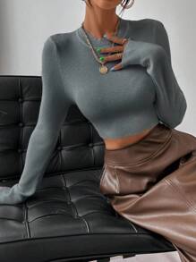 RosyDaze Crew Neck Fitted Elegant Office Wear Long Sleeve Sweater Fall Winter Cloth For Women - Dark Grey - View 6