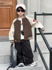 DAZY Kids Boys Casual Loose Fit Jacket With Embroidered Letter, Street Style, Autumn - Brown - View 5