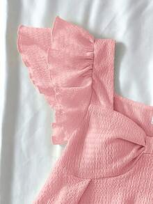 SHEIN Áo thun dệt kim jacquard tay bèo nhún họa tiết mùa hè dễ thương, thoải mái cho bé gái tuổi teen, đồ mặc nhà, dễ thương, thích hợp cho các bữa tiệc, ngày lễ tình nhân - Hồng - Xem 5