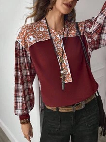 LanaWest Camiseta de manga larga de ajuste holgado con parches de tela, estampado a cuadros y floral diminuto en color burdeos, estilo casual occidental, LanaWes - Burdeos - Ver 6