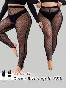 SHEIN CURVE+ Plus Size Black Thin Mesh See-Through Leggings, Fashion Leggings, Rave Festival, Casual Daily Wear, Holiday Party Wear, Winter Plus Size Fishnet Tights/Autumn /Winter - Black - View 2