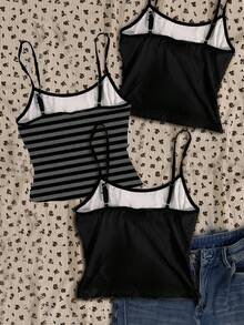 Attitoon 3 件套女式朋克十字架和翅膀印花背心，适合夏季、万圣节、十字架和爱心翅膀、黑灰色条纹、Y2K 哥特风格、复古垃圾摇滚、朋克、返校、可爱夏季上衣 - 彩色 - 查看 2