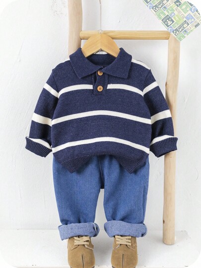 SHEIN Baby Boy Casual Cute Striped Knit Sweater With Collar, Suitable For Indoor, Outdoor, Daily, Sports, Play, Party, Photo Shoot, Holiday, Spring, Summer, Autumn, Winter Baby Boy Sweater Baby Boy Fall Sweater Baby Boy Striped Sweater Baby Boy Collared Sweater
