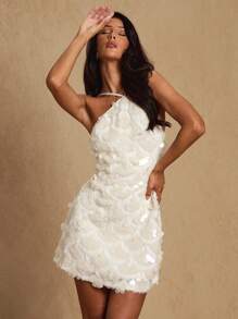 Glamine Women's Solid Color Spaghetti Strap Sleeveless Sequin Embellished Mini Dress White Sequin Dress White Mini Dress White Halter Dress White Party Dress White Reception Dress Sequins Dresses For Women Gala Dress Unique Dress Glamorous Gown