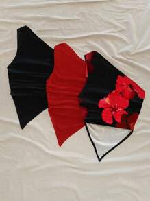 Soleia 三件套：休闲度假风格，性感红黑组合，热带花卉泼墨图案不对称下摆细肩带上衣，适合夏季、海滩、派对、音乐节