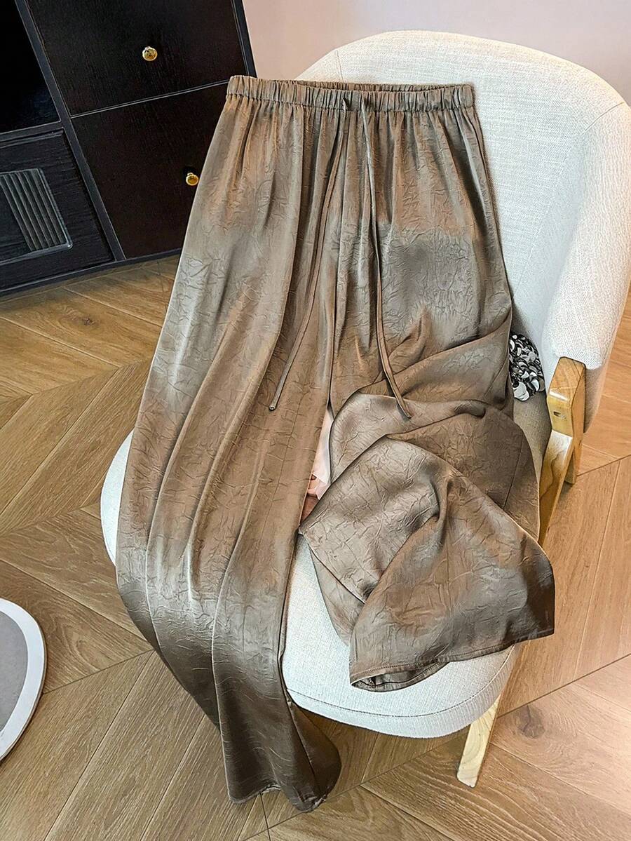 SHEIN Tall CURVE 大码女装高胖系列宽松舒适阔腿裤,醋酸纤维材质 - 鏽棕色 - 查看 1