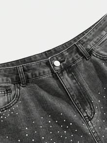 ROMWE MEN Street Life Pantaloni scurți lejeri din denim pentru bărbați, cu etichetă brodată cu stea strălucitoare cu diamante - Gri - Vizualizare 4