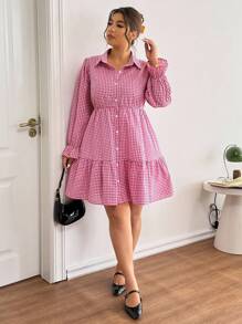 SHEIN Frenchy Plus Size Women's Open Front Plaid Long Sleeve Short Dress, Casual Outgoing Date Fashion Crimson Red Dress