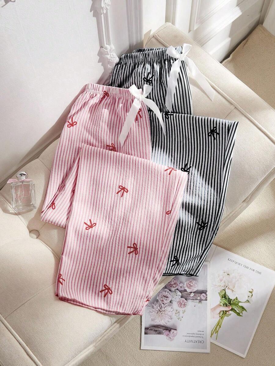 SHEIN 2pcs Women Striped Heart & Bow Pajama Pants Set, Fall Winter Clothes - Multicolor - View 1