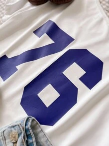 1 pezzo Maglietta oversize da ragazza con spalla obliqua e maniche corte, stampa grafica con numero 76, t-shirt casual per l'estate