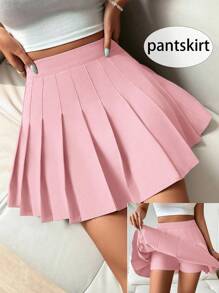 SHEIN PETITE 纯色褶皱优雅休闲通勤 Y2K 学院风女士褶皱裙、女式裤裙、女式短裤、春夏 - 粉色 - 查看 1