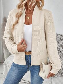 SHEIN LUNE Fashionable Casual Khaki Color Knitted Jacquard Jacket, Suitable For Commuting In Fall/Winter,Casual - Beige - View 3