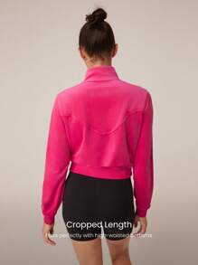 GLOWMODE Thin Velvet Cropped Bomber Sweatshirt With Rhinestone Logo Daily Casual - Tropical Pink - View 2
