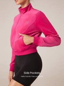 GLOWMODE Thin Velvet Cropped Bomber Sweatshirt With Rhinestone Logo Daily Casual - Tropical Pink - View 3