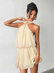 Aloruh Váy ngắn hở lưng họa tiết hoa 3D thanh lịch dành cho nữ, mùa hè - Màu be - Xem 6