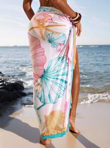 Opulessa Long Sheer Beach Cover-Up For Women With Vibrant Graphic Design And Knot Accent Beach Cover Up Sarong Coverup Long Cover Ups For Swimwear Beach Kimono Dress Beach, Sexy Club Outfits, Halloween, Christmas , New Year, Thanksgiving Outfits