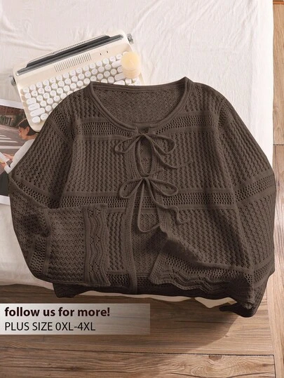 CosyJoli Plus Size Comfortable Casual Vacation Crochet Tie Front Loose Fit Cropped Cardigan, Light Apricot, For Winter,Fall Women Clothes Autumn,Slightly Sheer