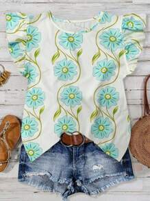 EMERY ROSE Áo kiểu nữ màu hồng in hoa, chất liệu sợi tre, cổ tròn, tay bồng, dáng ngắn, thích hợp cho mùa xuân/hè. - màu xanh lá - Xem 1