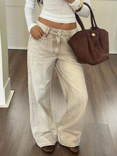 Siren Gaze Women's Khaki Jeans Y2K Vintage Low-Rise Straight Pants Wide Leg Pants  Autumn Casual Wear For Women Baggy Jeans Winter Casual