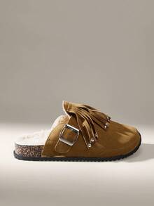 Solecia Giày đế bằng mũi tròn tua rua đính đá lấp lánh, khóa kép, thoải mái khi đi chơi, dự tiệc, đi làm, đa năng cho nữ - Lạc đà - Xem 1