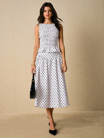 Poéselle 2件套女式夏季纹理波尔卡圆点印花荷叶边下摆上衣和裙子套装