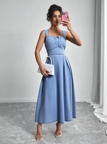 Elenzga 女式夏季时尚休闲通勤方领收腰喇叭下摆牛仔连衣裙 - 藍色 - 查看 6