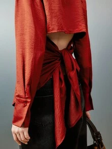 Airlisse Women's Open Front Long Sleeve Shirt With Backless Tie-Up Collar Fall Cloth For Women. Red - Burgundy - View 5