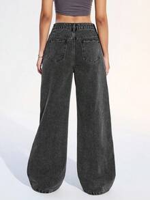 SHEIN ICON 纯色口袋纽扣休闲牛仔裤