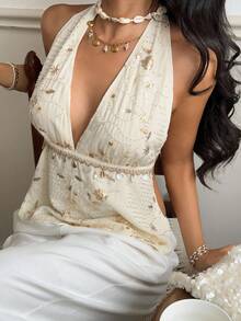 Serisse Women's Sequined Halter Neck Top With Shell Fringe, White Sequin Top, Gold Sequin Top, Elegant Sequin , Carnival Costume, Ibiza Summer Glitter - Apricot - View 4