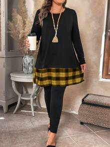 Plus Size Women's Plaid Patchwork Loose T-Shirt And Skinny Leggings Two Pieces Casual Outfit, Suitable For Daily Commute Fall Cloth For Women - Multicolor - View 3