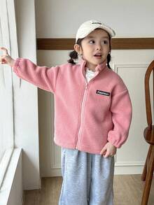 Genkimix Kids Young Girl' Cute Letter Decor Solid Color Jacket - Pink - View 5