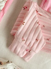 SHEIN 6pcs/Set Baby Girls Round Neck Long Sleeve Ribbed Ditsy Floral T-Shirt With Elastic Waist Pants, Comfortable, Fashionable, Versatile, Korean Style Casual Outfit, Suitable For Layering Or Outerwear, New Autumn Collection Fall Winter