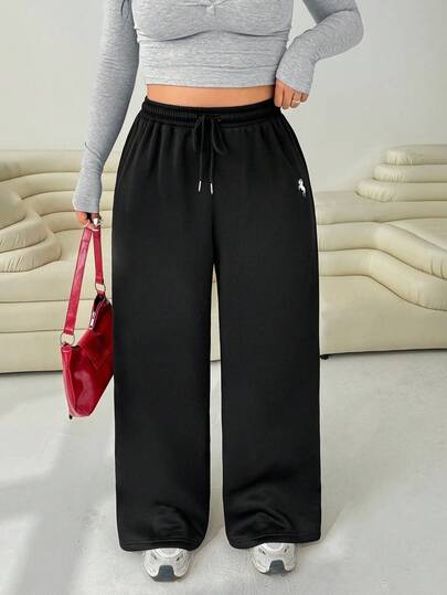 Solflare Plus Size Solid Color Elastic Waist Drawstring Loose Straight Leg Sweatpants With Pockets Women Wide Pants Horse Embroidery Shirt Black And White