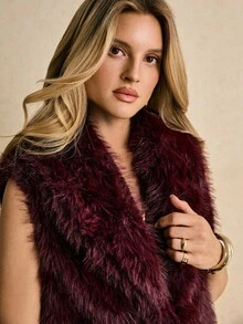 Poéselle Women's Burgundy Faux Fur Collar Vest,Autumn/Winter– Plush Furry Sleeveless Jacket With Pockets, Fall/Winter Outerwear,Faux Fur Vest,Burgundy Fur Jacket,Furry Collar Vest,Sleeveless Plush Outerwear,Party Statement Piece,Women Jackets,Cropped Jacket,Fur Coat,Teddy Coat,Christmas Coat - Burgundy - View 6